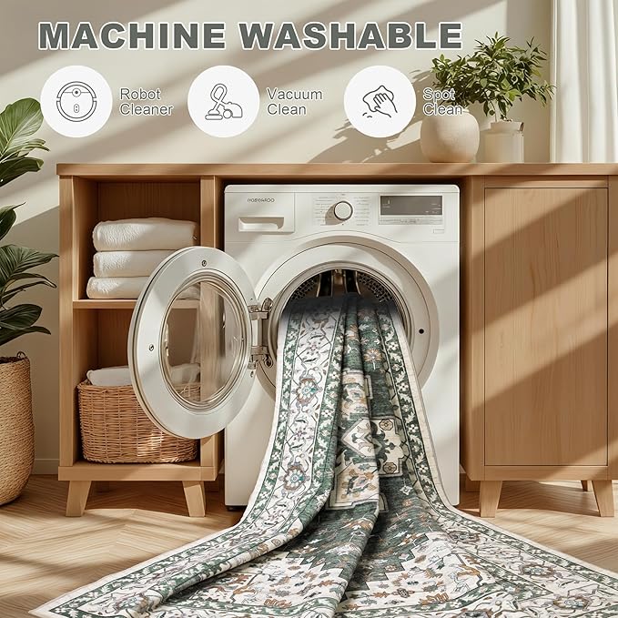 4x6 Area Rugs for Living Room: Washable Rug Soft Vintage Boho Medallion Carpet Indoor Non-Slip Stain Resistant Large Carpets for Bedroom Dining Room Farmhouse Nursery Home Office Green Ivory