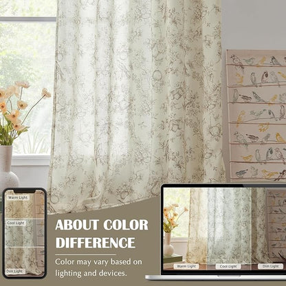 jinchan Linen Floral Curtains for Living Room 96 Inch Length Taupe Printed Flower French Country Curtain Farmhouse Cottage Core Toile Curtains Back Tab Light Filtering Window Drapes Set 2 Panels