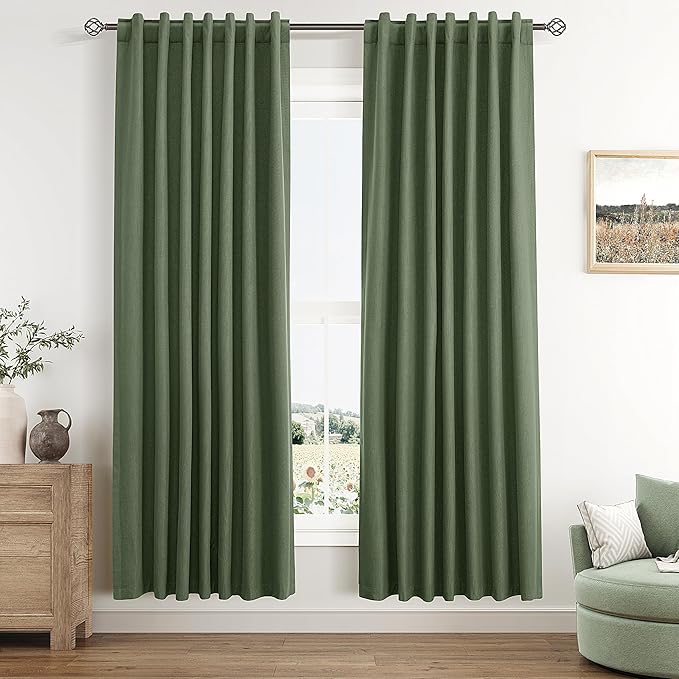 Guken Olive Green 100% Blackout Curtains 72 Inch Length 2 Panels Set for Living Room Bedroom Back Tab Thermal Insulated Black Out Linen Drapes Room Darkening Window Curtains 72 Inches Long