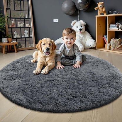 OLANLY Grey Round Rugs for Bedroom - Machine Washable, 8 ft Circle Area Rugs for Living Room, Soft and Fluffy Shaggy Carpet for Teen Girls and Boys, Nursery Rooms, Dorms, Home Decor Aesthetic