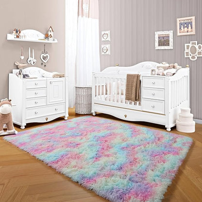 ONASAR Rainbow Area Rugs for Living Room, 5x8 Fluffy Girls Bedroom Rug, Indoor Ultra Soft Plush Shaggy Large Floor Carpets for Nursery Kids Baby Boys Teen Dorm Playroom Home Decor Aesthetic
