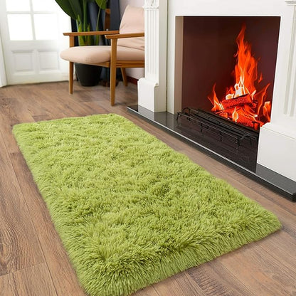 Soft Runner Rugs for Bedroom Hallways, 2x4 Grass Green Fluffy Shag Throw Area Rug Non Slip for Bedside Dorm, Long Shaggy Furry Carpet for Nursery Living Room