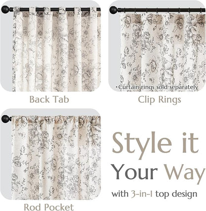 jinchan Linen Blend Curtain Floral Curtains for Living Room 54 Inch Length Black Printed Curtain Rod Pocket Back Tab Farmhouse Peony Flower Patterned Drapes Bedroom Window Curtains Set 2 Panels
