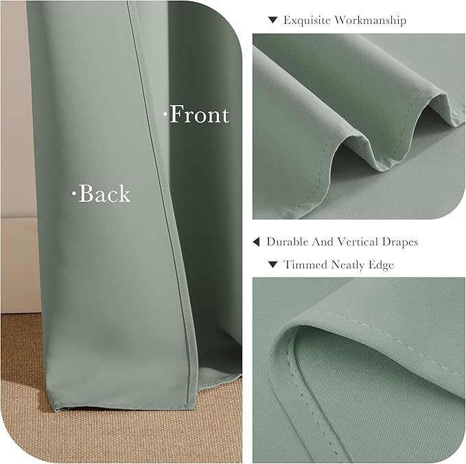 PONY DANCE Curtains Light Block - Thermal Insulated Back Tab Draperies Energy Saving/Short Window Covering for Bedroom Bay Windows, 42 Wide by 36 inch Drop, Sage Green, 2 Panels