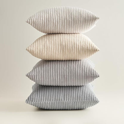 Topfinel 4 Packs Neutral Decorative Throw Pillows Covers 26x26 Inch for Living Room Couch Bed Sofa, Rustic Farmhouse Boho Neutral Home Decor, Soft Plush Striped Corduroy Square Cushion Case 65x65 cm