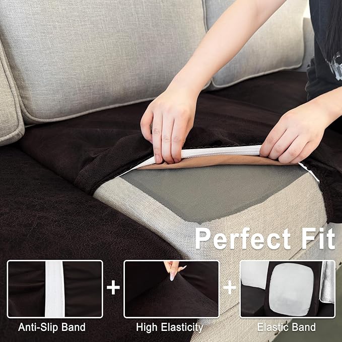 Leather Look Couch Cushion Covers Sofa Seat Slipcovers Sets Couches Furniture Protector for Sectional Armchair Loveseat Pets Kids Stretch Spandex Fabric (1 Cushion Sofa, Chocolate)