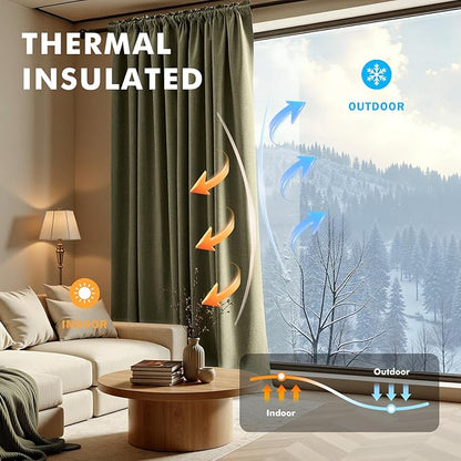 MIULEE 100% Blackout Linen Curtains for Bedroom, Light Olive Green Solid Luxury Decor Thermal Insulation Room Darkening Drapes for Living Room Nursery Back Tab Rod Pocket 42 x 90 Inches, 2 Panels