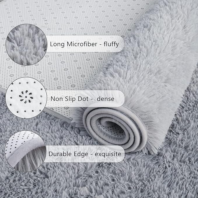 Chicrug Soft Runner Rug for Bedroom Living Room Plush Fluffy Rug 2x3 Feet, Shag Furry Runner Carpet Non Shedding for Nursery Children Kids Girls Room Home Decorative, Gery