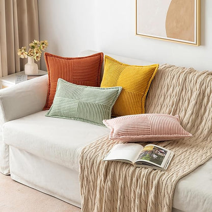 MIULEE Rust Decorative Throw Pillow Covers for Couch Bed Livingroom 20x20 Inch Set of 2 Boho Accent Throw Pllows Broadside Striped Patchwork Soft Corduroy Pillowcases
