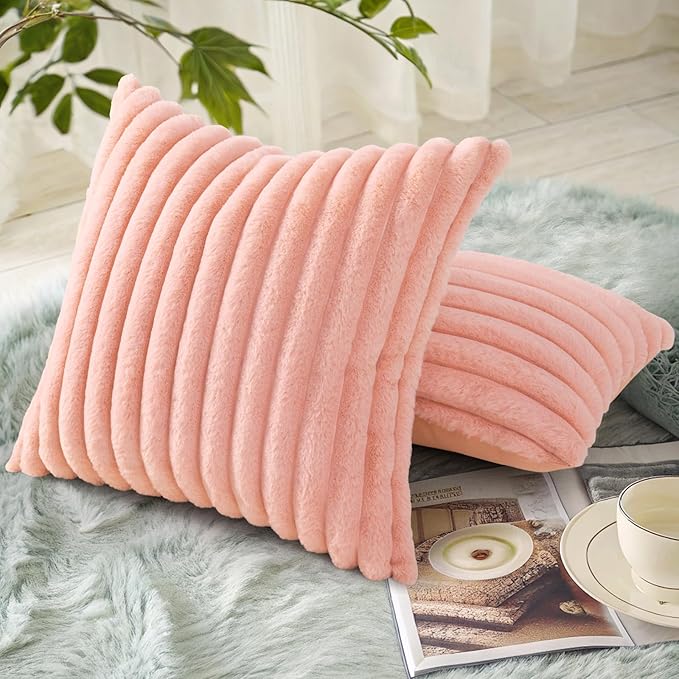 decorUhome Summer Cozy Faux Fur Throw Pillow Covers 16x16 Set of 2 Decorative Plush Striped Modern Farmhouse Boho Couch Pillow Cases with Velvet Back for Sofa Bed Living Room, Blush Pink