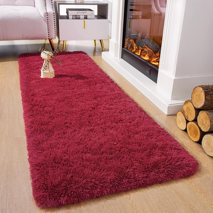 Chicrug Soft Runner Rug for Bedroom Living Room Plush Fluffy Rugs 2x6 Feet, Shag Furry Runner Rug Carpet Non Shedding for Nursery Children Kids Girls Room Home Decorative, Wine Red