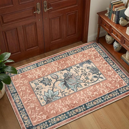 GarveeHome Terracotta Teal 2x3 Door Mat Indoor Rugs for Entryway Provence Small Botanical Grove Cottage core Washable Non-Slip Low-Pile Rug for Bedroom Bathroom Entrance TPE Backing
