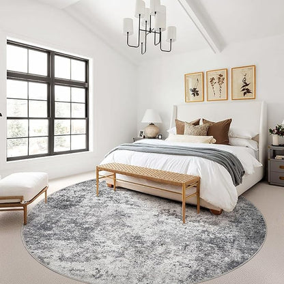 UERMEI 10ft Round Area Rug Living Room Rugs - 10x10 Washable Large Neutral Modern Abstract Soft Thin Rug Indoor Floor No Slip Rug Carpet for Bedroom Under Dining Table Home Office Decor - Grey