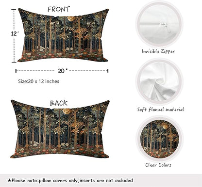 Rustic William Morris Inspired Forest Moon Pillow Covers 12x20 Set of 4,Vintage Botanical Nature Landscape Decorative Throw Pillow Covers for Home Bedroom Living Room,Fall Home Room Decor
