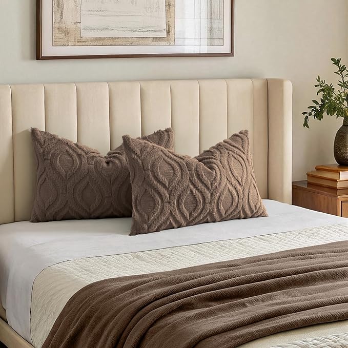 decorUhome Throw Pillow Covers 12x20 Inch Set of 2, Soft Plush Faux Wool Brown Solid Couch Pillow Covers, Accent Farmhouse Neutral Rectangle Pillow Cases for Sofa Bed Living Room