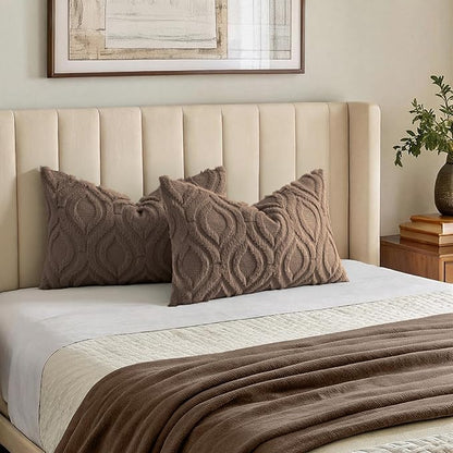 decorUhome Throw Pillow Covers 12x20 Inch Set of 2, Soft Plush Faux Wool Brown Solid Couch Pillow Covers, Accent Farmhouse Neutral Rectangle Pillow Cases for Sofa Bed Living Room