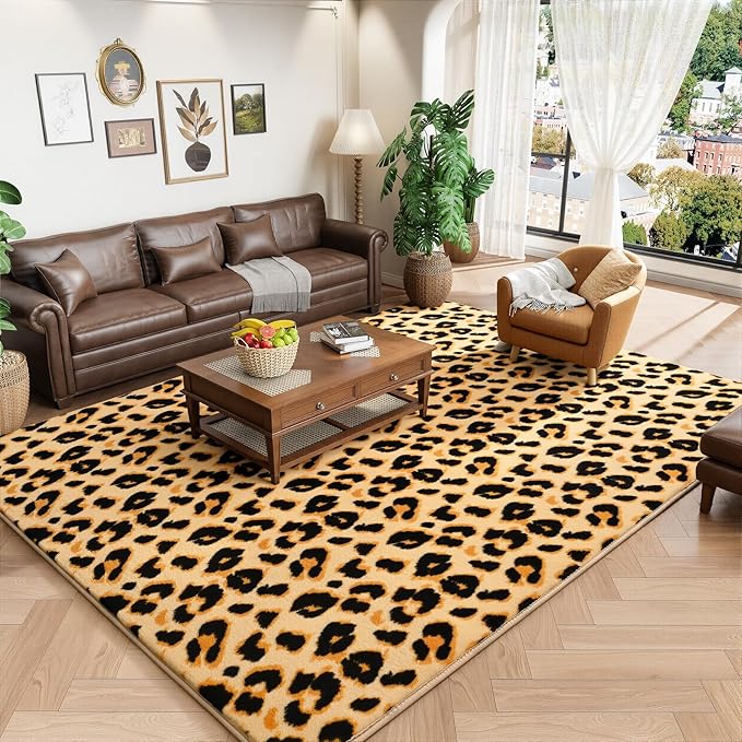 Amearea Soft Leopard Rugs for Bedroom Living Room, 4x6 Modern Cheetah Print Thickened Memory Foam Rug, Fluffy Indoor Washable Animal Rug Carpet for Kids Boys Girls Dorm Nursery Room Home Decor, Khaki
