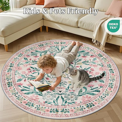 Round Area Rug for Living Room: 6 ft Floral Washable Circle Rug Soft Boho Non-Slip Carpet Indoor Stain Resistant Low Pile Small Circular Rug for Bedroom Entryway Kitchen Nursery Home Office Pink Green