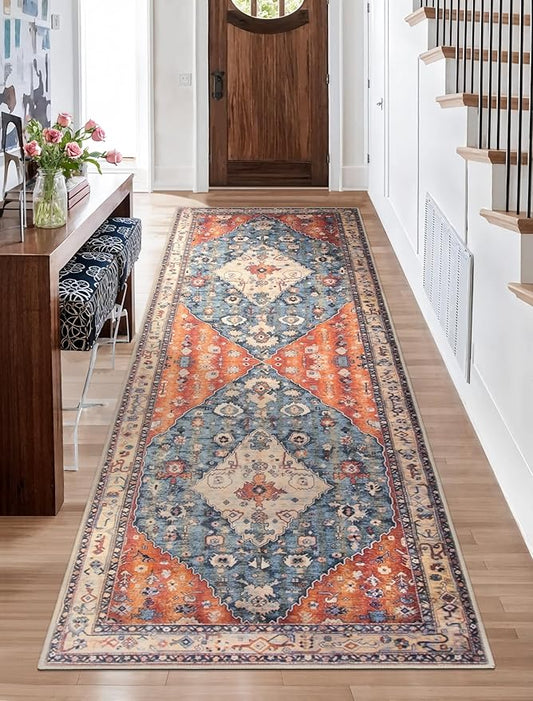SERISSA Washable Boho Runner Rug, 2'6"x8' Non-Slip Tribal Hallway Kitchen Rug Ultra Soft Print Distressed Vintage Floor Carpet Runner for Bedroom Bathroom Laundry Living Room
