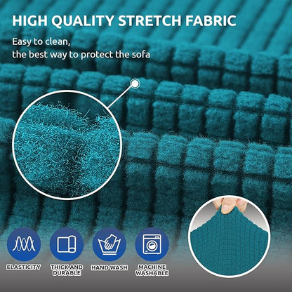 KEKUOU Stretch Sofa Cover Slipcover ，Couch Covers for 3 Cushion Couch Sofa pet Friendly (78"-94") Furniture Protector Sofa with Elastic Bottom for Kids,Dog, Jacquard Small Checked(Large,Peacock Blue)