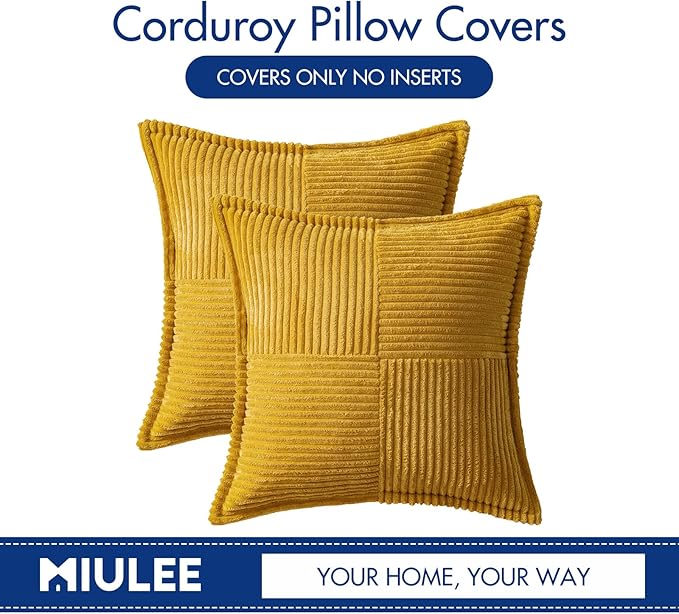 MIULEE Decorative Throw Pillow Covers for Couch Bed Livingroom 16x16 Inch Set of 2 Fall Mustard Yellow Boho Accent Throw Pllows Broadside Striped Patchwork Soft Corduroy Pillowcases
