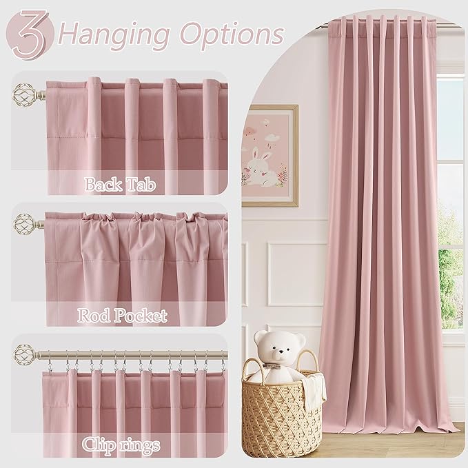 Guken 100% Blackout Linen Curtains 96 Inch 2 Panels Set for Girl's Bedroom, Living Room, Nursery, Back Tab Thermal Insulated Black Out Drapes Room Darkening, Pink