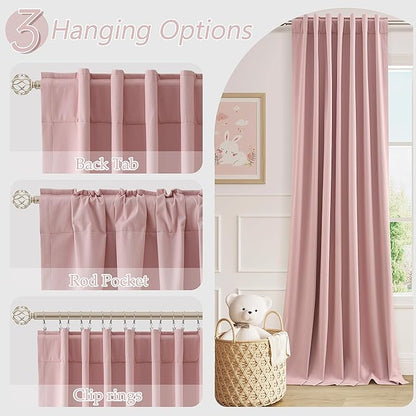 Guken 100% Blackout Linen Curtains 96 Inch 2 Panels Set for Girl's Bedroom, Living Room, Nursery, Back Tab Thermal Insulated Black Out Drapes Room Darkening, Pink