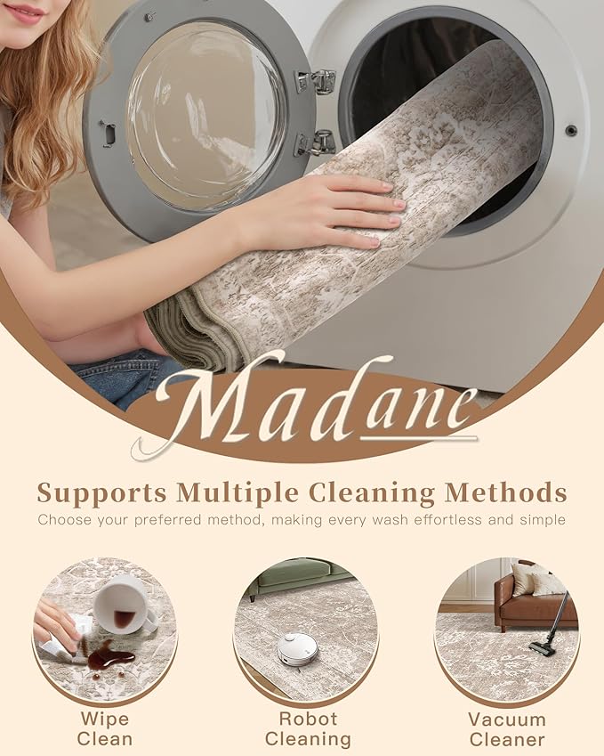 Madane Rug Runner for Hallways 2.5x8, Washable Kitchen Runner Rugs with Non Slip Backing, Soft Floral Print 2'6''x8 Carpet Runners for Laundry Room, Bedroom, Brown/Sand