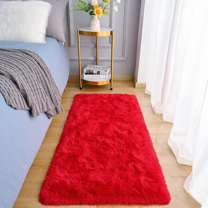 Amearea Shag Fluffy Small Rug, 2x4 Feet Throw Rugs for Bedroom Girls Living Room, Extra Soft and Fuzzy Shaggy Carpet, Non Slip, Solid Color Nursery Home Floor Decor Carpets, Red
