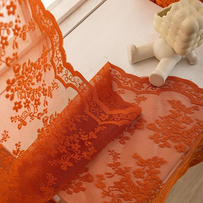 YJ YANJUN Vintage Lace Curtains 84 Inches Long-Rustic Floral Bohemian Burnt Orange Sheer Curtain Panels for Living Room Bedroom Kitchen,Light Filtering, Boho Autumn Fall Decor 2 Panels 52W x 84L