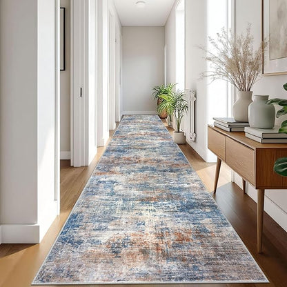 IOHOUZE Abstract Runner Rug 3x18 Ft Extra Long Washable Runners for Hallways, Non Slip Kitchen Runner Printed Faux Wool Entryway Runner Indoor, Modern Abstract Floor Carpet for Hall Stair, Blue Rust