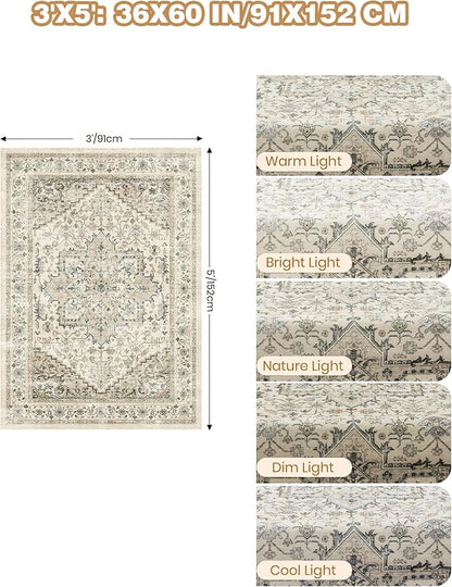 3x5 Area Rugs for Entryway, Kitchen Rugs Non Slip Washable for Dining Room, Vintage Floral Soft Living Room Area Rug, Thin Rug Indoor for Bedroom, Kids Room Decor(Brown,3x5)