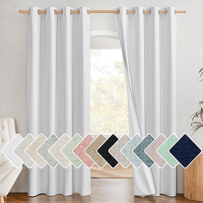 NICETOWN 100% Absolutely Blackout Linen Curtains with Thermal Insulated White Liner, White, 52 inches Wide, 84 inches Length Energy Saving Curtains for Living Room 2 Panels Set, Vertical Blinds