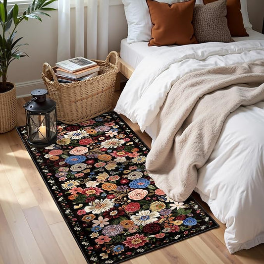 2x4 Entryway Runner Rugs, Non Slip Washable Rugs with Rubber Backing Soft Floral Carpet Runner for Kitchen, Laundry, Bedroom, Bathroom(2 x 4, Black/Brown)
