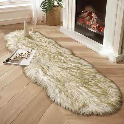 Ciicool Ultra Soft Faux Sheepskin Fur Rug Fluffy Rug for Bedroom Fuzzy Carpet for Living Room Kid's Room Nursery Decor, White Gradient Dark Green 2 x 6 Feet