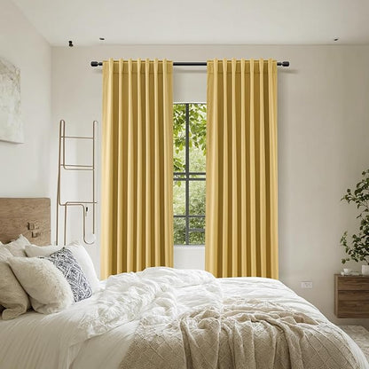 Gold 100% Blackout Linen Curtains 108 Inch Length 2 Panels Set for Living Room Bedroom Back Tab Thermal Insulated 100% Black Out Drapes Room Darkening Farmhouse Style for Bedroom Window Curtains