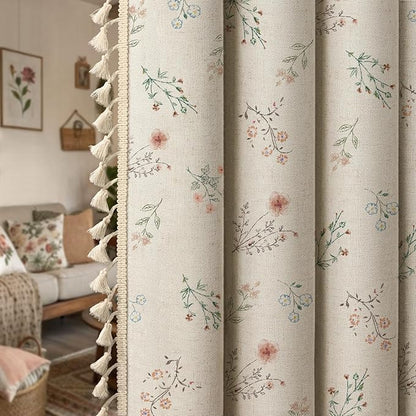 Farmhouse Floral Curtains 96 Inches Long 100% Blackout Living Room Drapes, Linen Blend Bohemian Window Curtain Panels with Tassel Bedroom 2 Panels Thermal Insulated Room Darkening