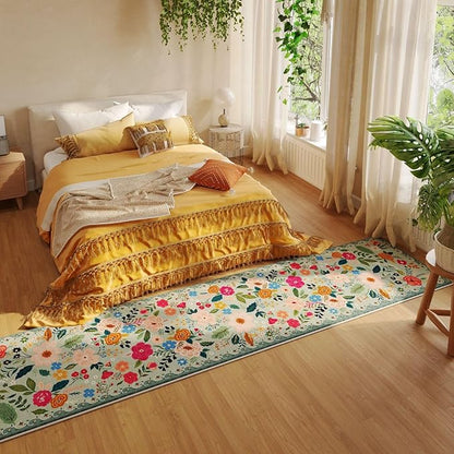 Rugcomf Washable Kitchen Runner 2'7"x12' - Floral Long Hallway Runner Rug Non Slip, Boho Carpet for Entryway, Hall, Bathroom - Green