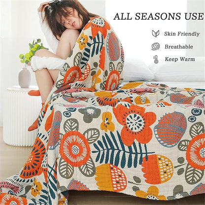 MSGKV Cotton Throw Blanket for Couch Bed 90''x98'', Floral Soft Farmhouse Blanket Spring Decorative Quilt Gifts for Women Muslin