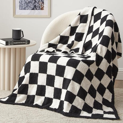 EXQ Home Checkered Throw Blanket, Knitted Blankets with Checkerboard Grid Pattern, Soft Cozy Fluffy Throw for Couch Bed Sofa, Warm Fuzzy Plaid Blanket for All Seasons,Black, 50"×60"
