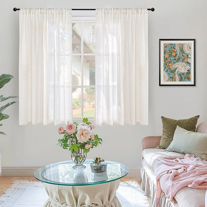 BGment 45 Inch Length Linen Semi Sheer Curtains for Living Room Window - Short Drapes Light Filtering Natural Rustic with Rod Pocket for Bedroom Lightweight, 2 Panels Set, 42 X 45 Inch