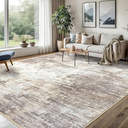 IOHOUZE Abstract Area Rugs 8x10 Ft Washable Large Rugs for Living Room, Non Slip Dining Room Rug, Printed Faux Wool Rugs for Bedroom, Floor Carpet for Office Nursery Playroom, Beige Brown