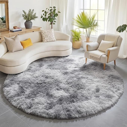 ONASAR Tie-Dyed Light Grey Round Area Rugs 6ft, Ultra Soft Bedroom Circle Rug for Kids Girls Boys Teen Room, Fluffy Plush Shaggy Carpet Floor Mats for Dorm Nursery Living Room Playroom Home Decor