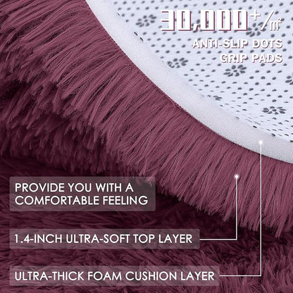 OLANLY Burgundy Round Rugs for Bedroom - Machine Washable, 3 ft Circle Area Rugs for Living Room, Soft and Fluffy Shaggy Carpet for Teen Girls and Boys, Nursery Rooms, Dorms, Home Decor Aesthetic