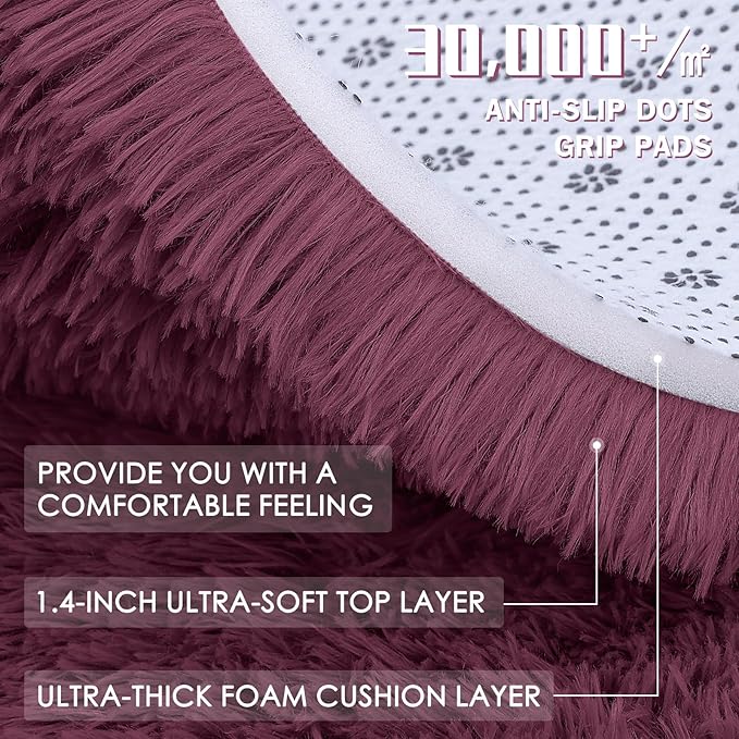 OLANLY Burgundy Round Rugs for Bedroom - Machine Washable, 6 ft Circle Area Rugs for Living Room, Soft and Fluffy Shaggy Carpet for Teen Girls and Boys, Nursery Rooms, Dorms, Home Decor Aesthetic
