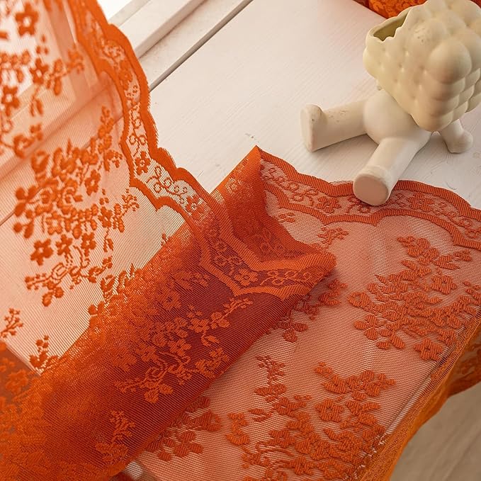 YJ YANJUN Vintage Lace Curtains 90 Inches Long-Rustic Floral Burnt Orange Sheer Curtain Panels for Bedroom Dining Room Office,Light Filtering, Boho Neutral Aesthetic Decor 52 Wx90L Terracotta