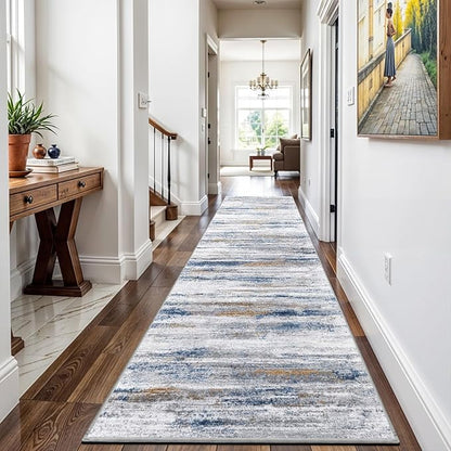3x15 Washable Runner Rug for Hallway: Extra Long Runners for Entryway Living Room Dining Room - Stain and Water Resistant Rugs with Non-Slip Backing - Soft Low-Pile Carpet Navy Grey