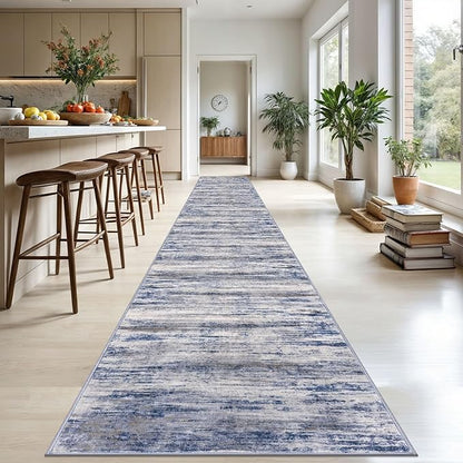 KOZYFLY Modern Abstract Washable Long Rug Runner 2.6x20 Hallway Rug Runner Non-Slip Soft Stair Runners, Grey-Blue Striped 20 feet Runner Rug for Kitchen Entryway Bathroom Laundry Room Foyer