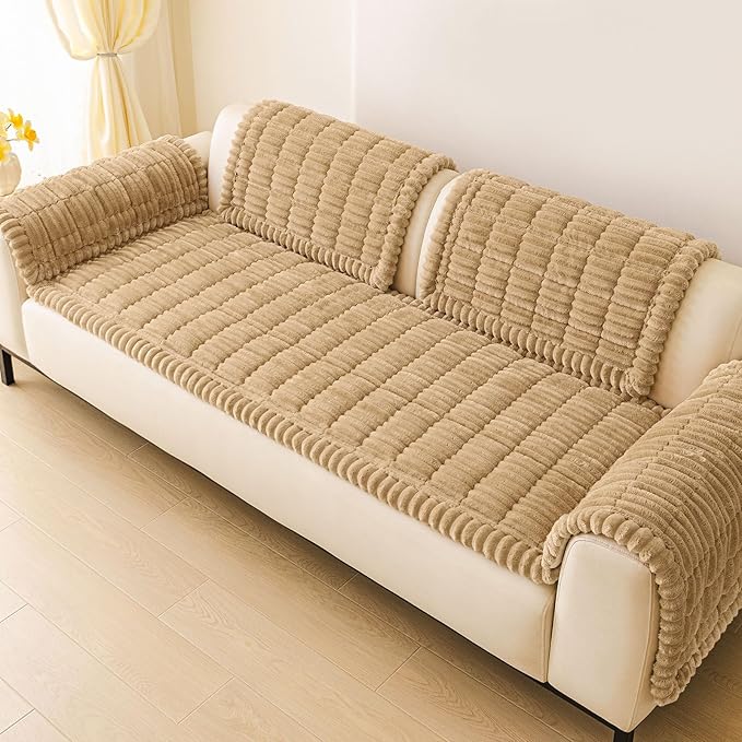 hyha Couch Covers for Dogs Washable, Non Slip Plush Dog Sofa Protectors, Fuzzy Pet Couch Covers for 3 Cushion Sofa Pet Friendly (Camel, 27.6" x 70.9")