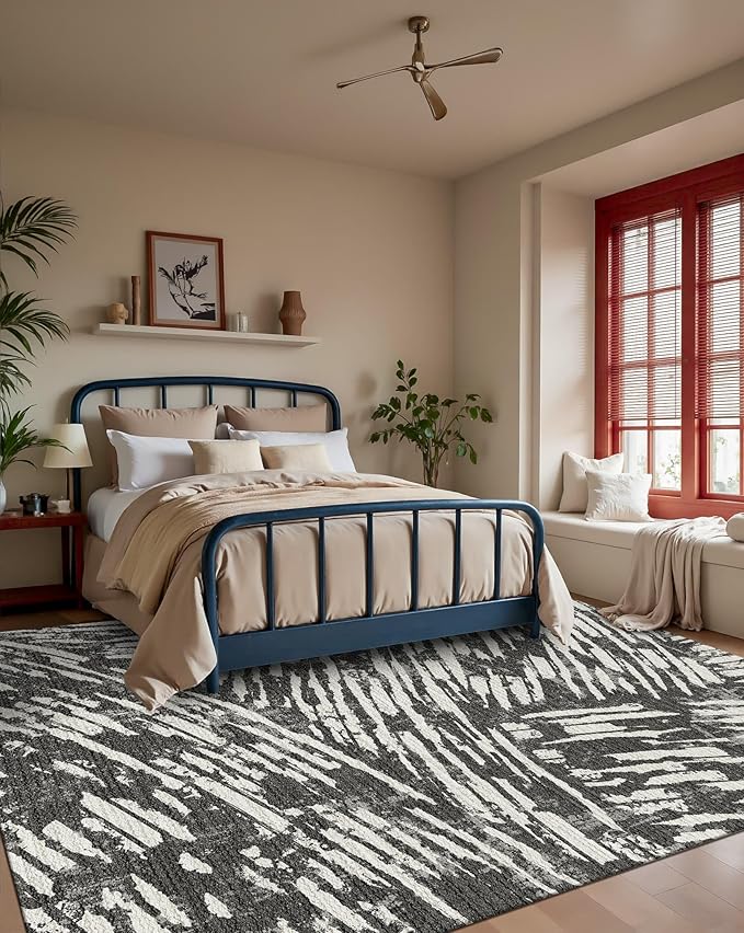 Latte&Fog 6x9 Area Rugs for Living Room Bedroom, Modern Abstract Washable Rug, Boho Non Slip Low Pile Carpet for Indoor Dining Room,Dorm, Classroom, College Dorm,Farmhouse and Kids Room - Black White